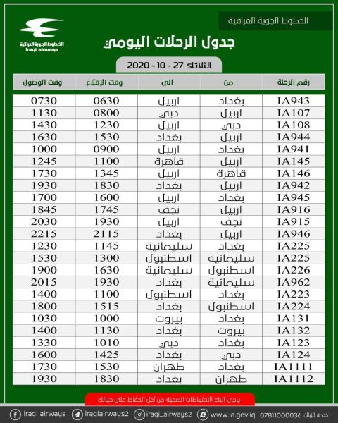 جدول رحلات طيران للخطوط الجوية العراقية ليوم الثلاثاء 27 تشرين الاول 2020